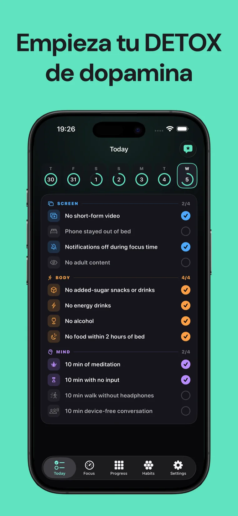 Empieza tu DETOX de dopamina — Detox de Dopamina en iPhone mostrando la lista diaria de hábitos agrupada en Pantalla, Cuerpo y Mente
