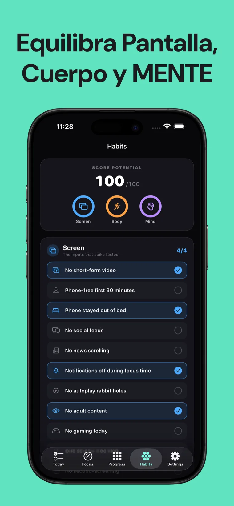 Equilibra Pantalla, Cuerpo y MENTE — Detox de Dopamina mostrando el selector de hábitos con los tres anillos de área y la lista de hábitos de Pantalla