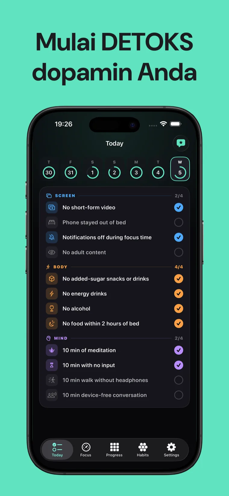 Mulai DETOKS dopamin Anda — Dopamine Detox di iPhone menampilkan daftar periksa harian untuk kebiasaan yang dikelompokkan ke dalam Layar, Tubuh, dan Pikiran