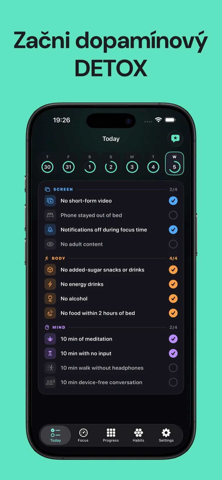 Začni dopamínový DETOX — Dopamínový detox na iPhone zobrazujúci denný checklist návykov rozdelený do Obrazovky, Tela a Mysle