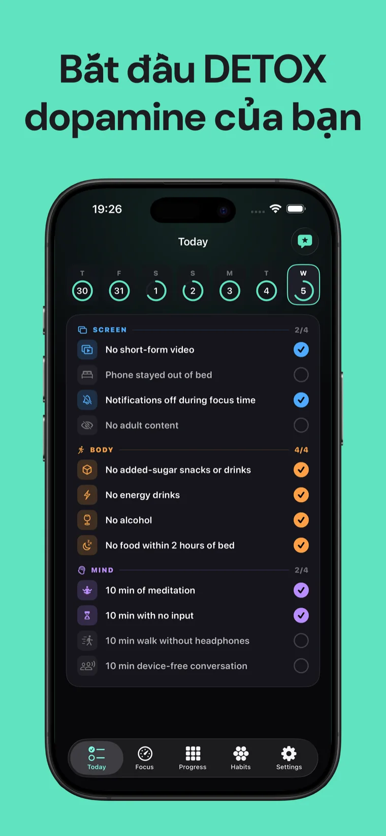 Bắt đầu DETOX dopamine của bạn — Dopamine Detox trên iPhone hiển thị danh sách thói quen hàng ngày được nhóm thành Màn hình, Cơ thể và Tâm trí